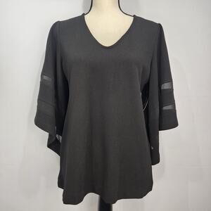 🆕️ Alfani Colbalt Breeze Black Illusion V-neck Bell Sleeve Blouse S